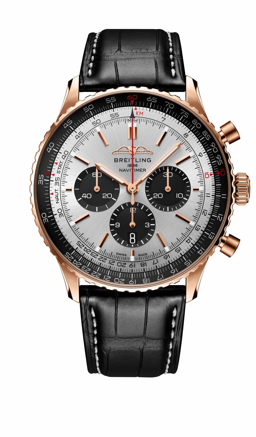 breitling navitimer b01 chronograph 46 in 18 k red goldsilver colored dial and black alligator leather strapref rb0137241g1r1rgb