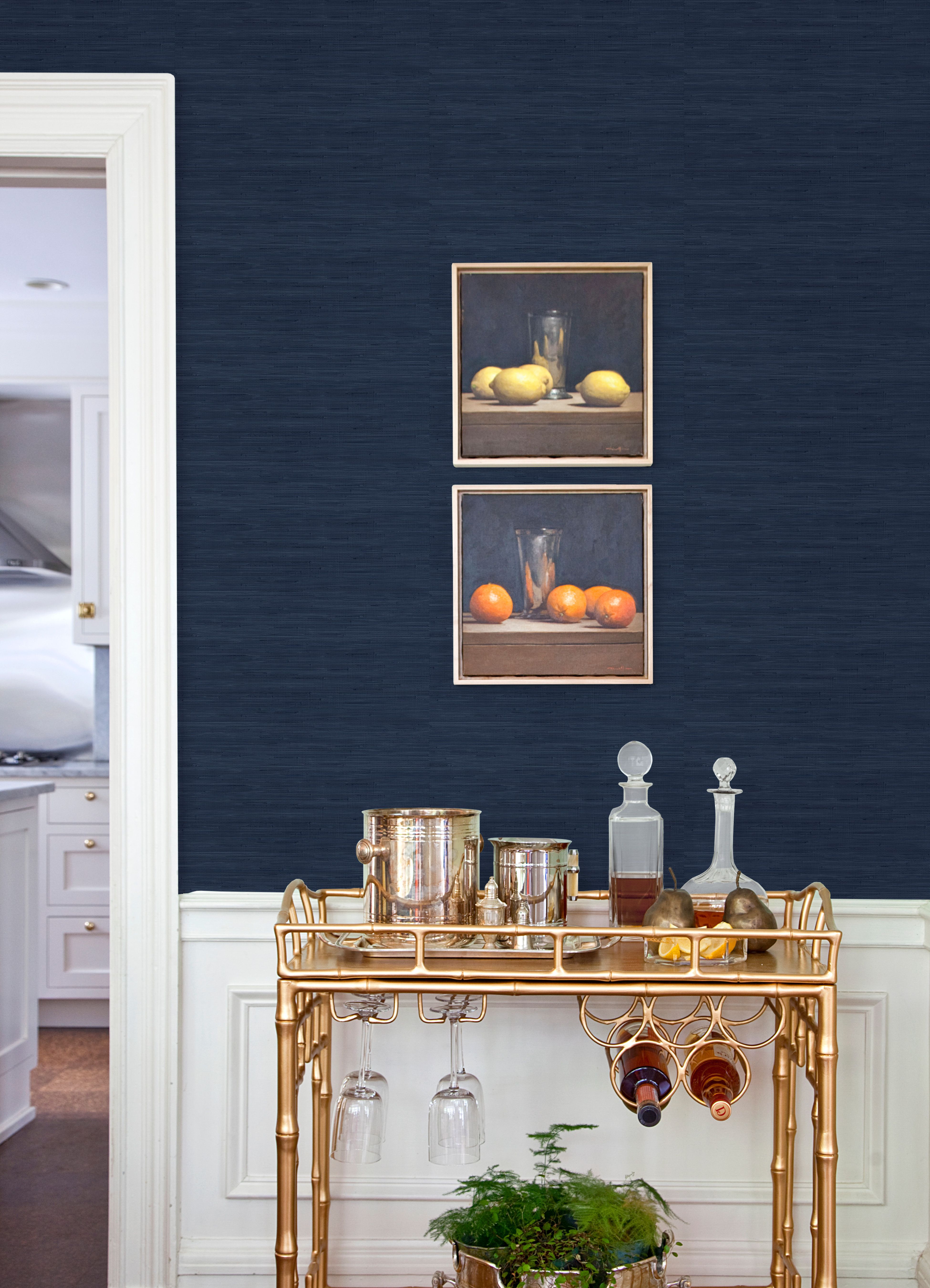 Blue and Brown Dining Room with Navy Blue Grasscloth Wallpaper   Transitional  Dining Room