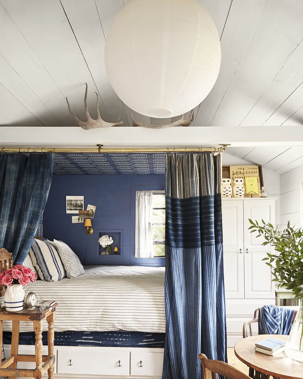 blue and white beach house bedroom