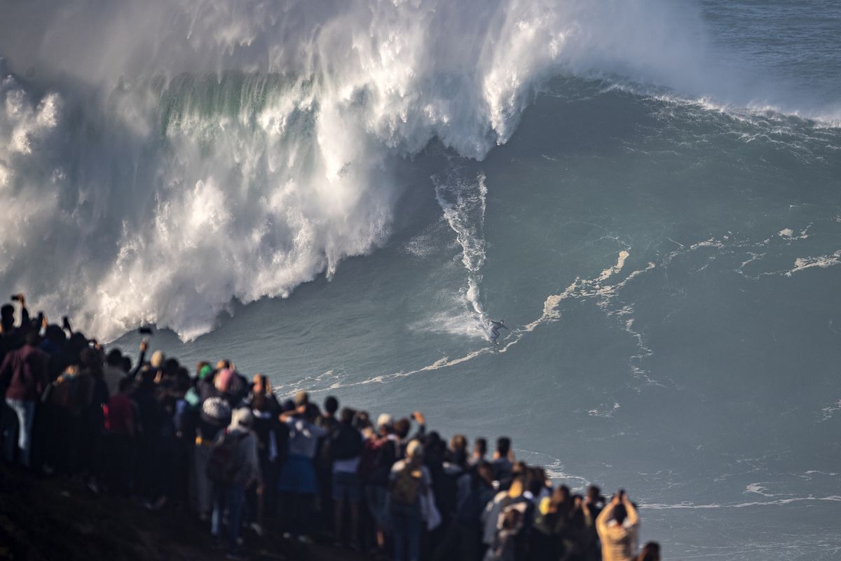 nazare, portugal october 29 big wave surfer kalani lattanzi of brazil rides a wave during a tow surfing session at praia do norte on october 29, 2020 in nazare, portugal photo by octavio passosgetty images