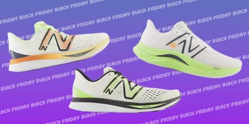 three pairs of athletic shoes displayed against a gradient background with promotional text