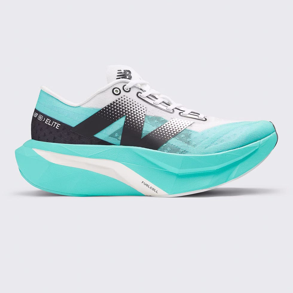 running shoe with a distinctive turquoise and white color scheme