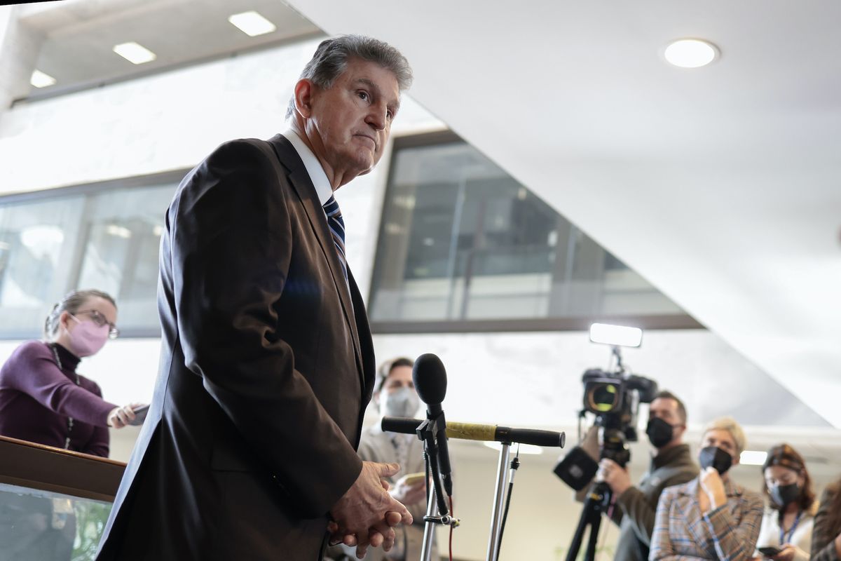 washington, dc   january 04 sen joe manchin d wv speaks to reporters outside of his office on capitol hill on january 04, 2022 in washington, dc manchin took questions on the statement he made withdrawing support of president biden's build back better legislation before the senate's holiday recess photo by anna moneymakergetty images