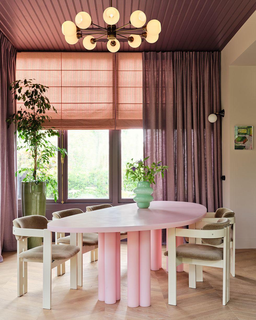 dining room with pink table