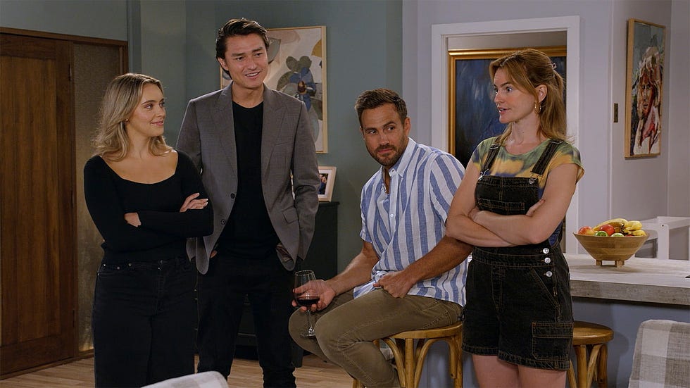 krista sinclair, leo tanaka, aaron brennan and nicolette stone in neighbours