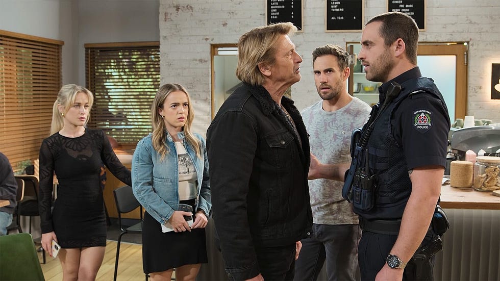 roxy willis, holly hoyland, shane ramsay, aaron brennan and andrew rodwell in neighbours