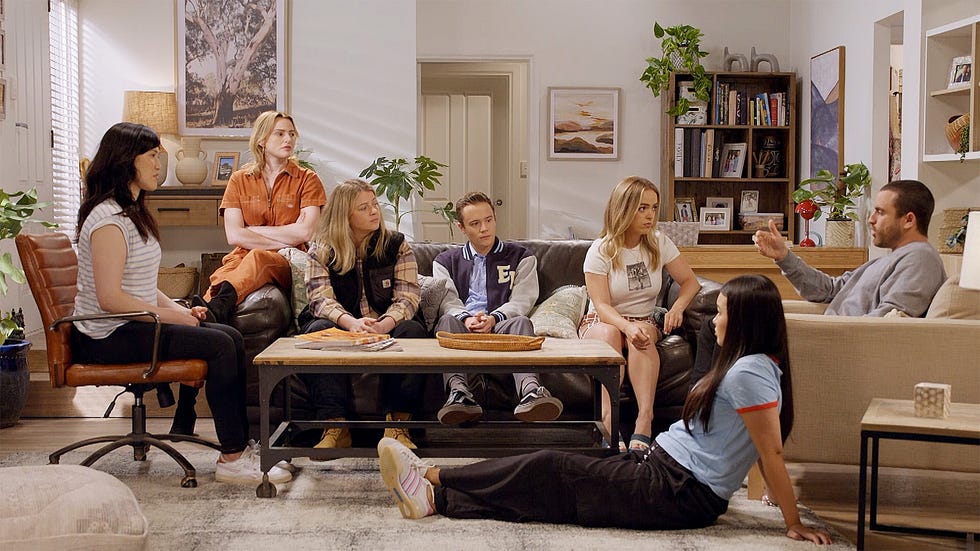 wendy rodwell, nicolette stone, cara varga murphy, jj varga murphy, holly hoyland, sadie rodwell and andrew rodwell in neighbours
