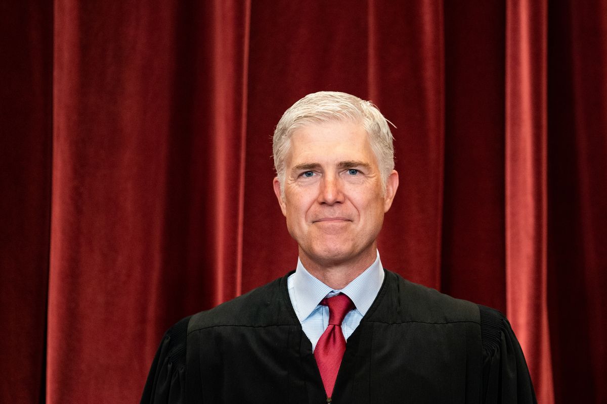 washington, dc   april 23 associate justice neil gorsuch stands during a group photo of the justices at the supreme court in washington, dc on april 23, 2021 photo by erin schaff poolgetty images