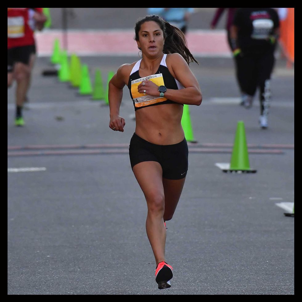nell rojas runs to win the women's half marathon during the denver rock n' roll 12 marathon and 10k on october 21, 2018 in denver, colorado