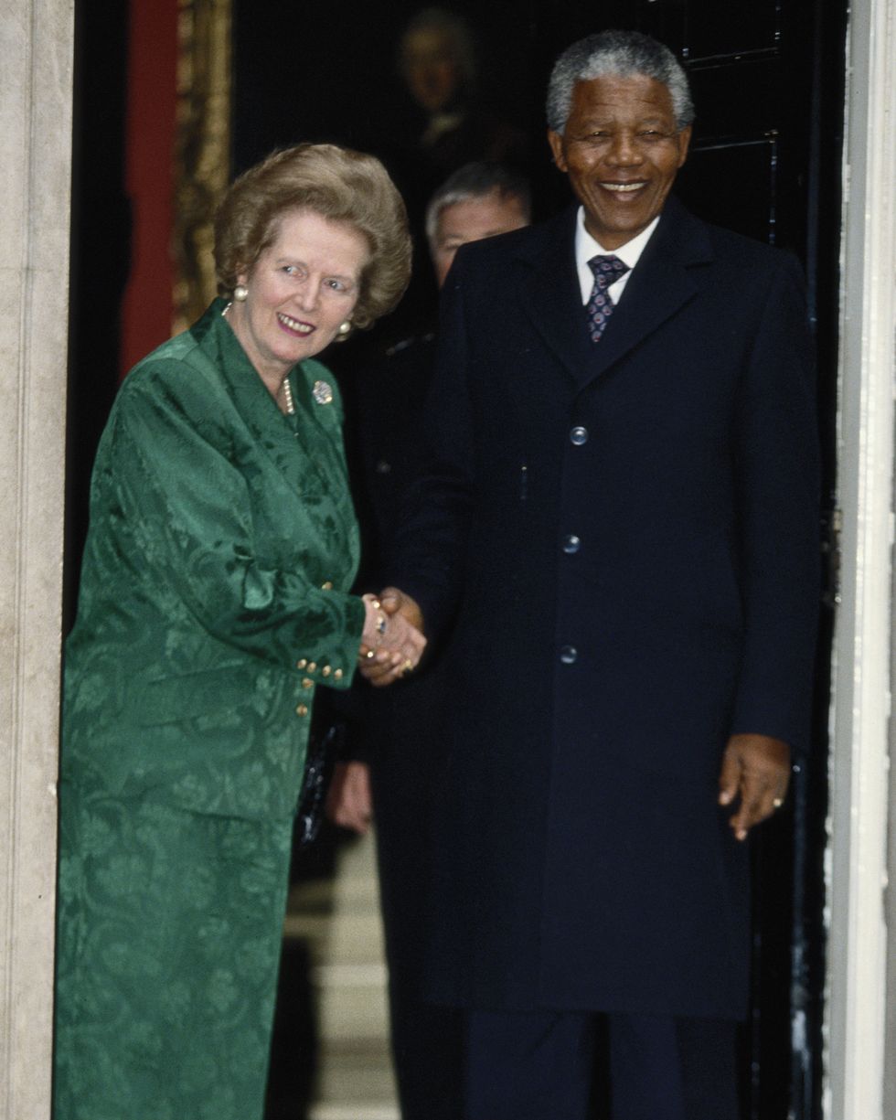 British Prime Minister Margaret Thatcher with African National Congress leader Nelson Mandela in London on July 4, 1990