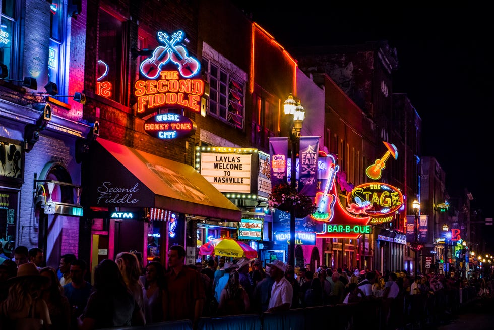 neon signs on lower broadway nashville at night