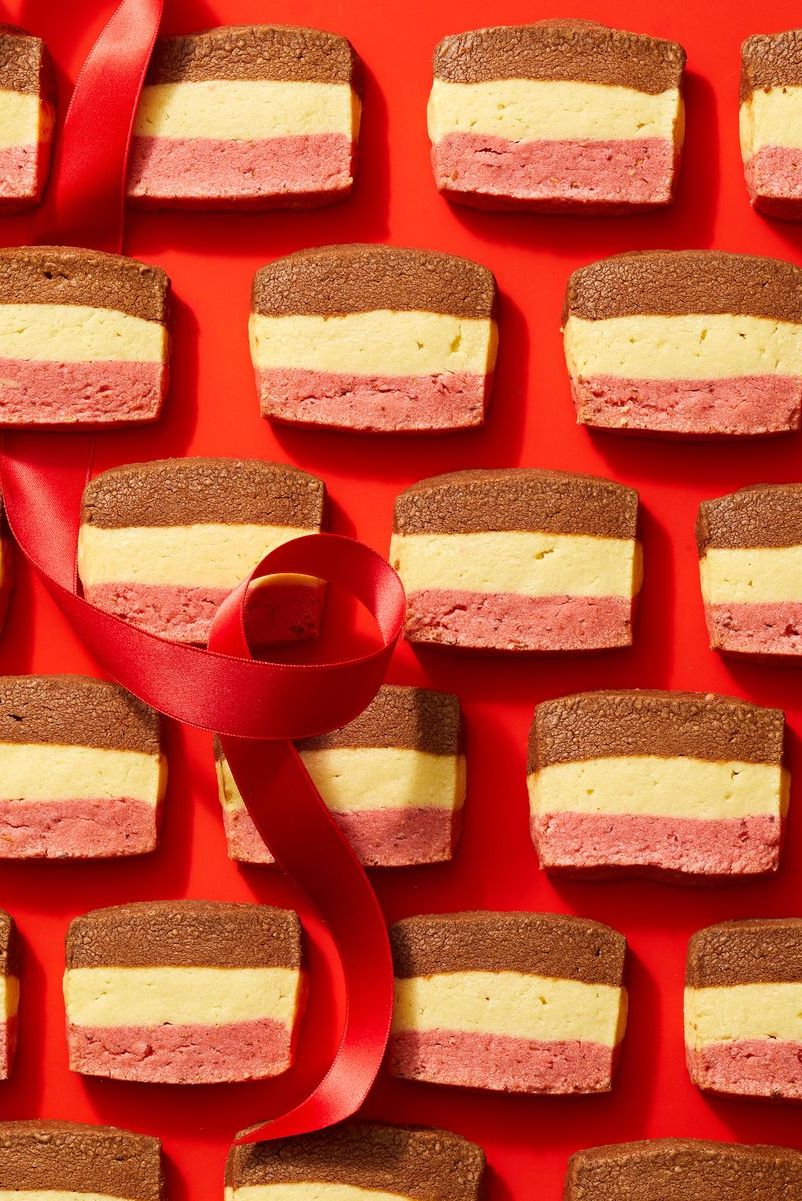neapolitan cookies lined up in rows