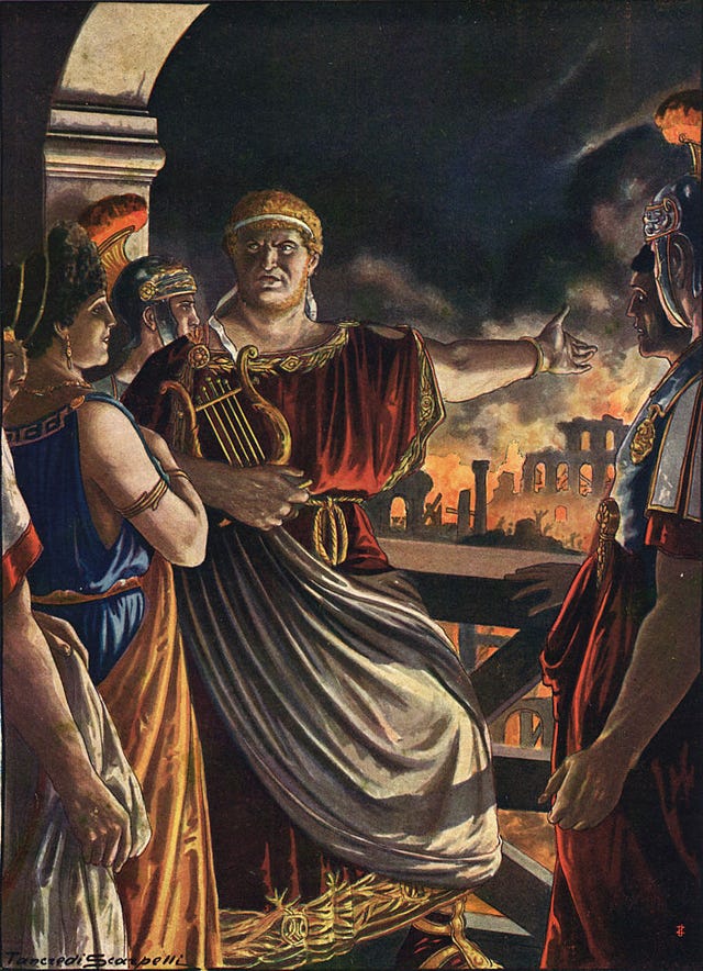 nero kijkt toe hoe rome in vlammen opgaat