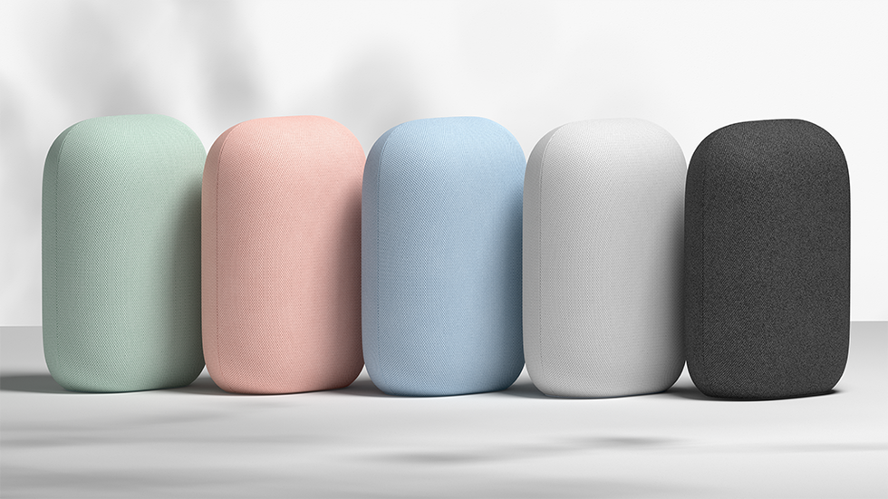 five speakers in different colors