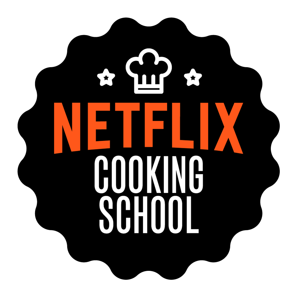 emblem that says "netflix cooking school"