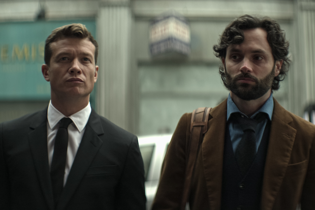 l to r ed speleers as rhys, penn badgley as joe goldberg in episode 408 of you