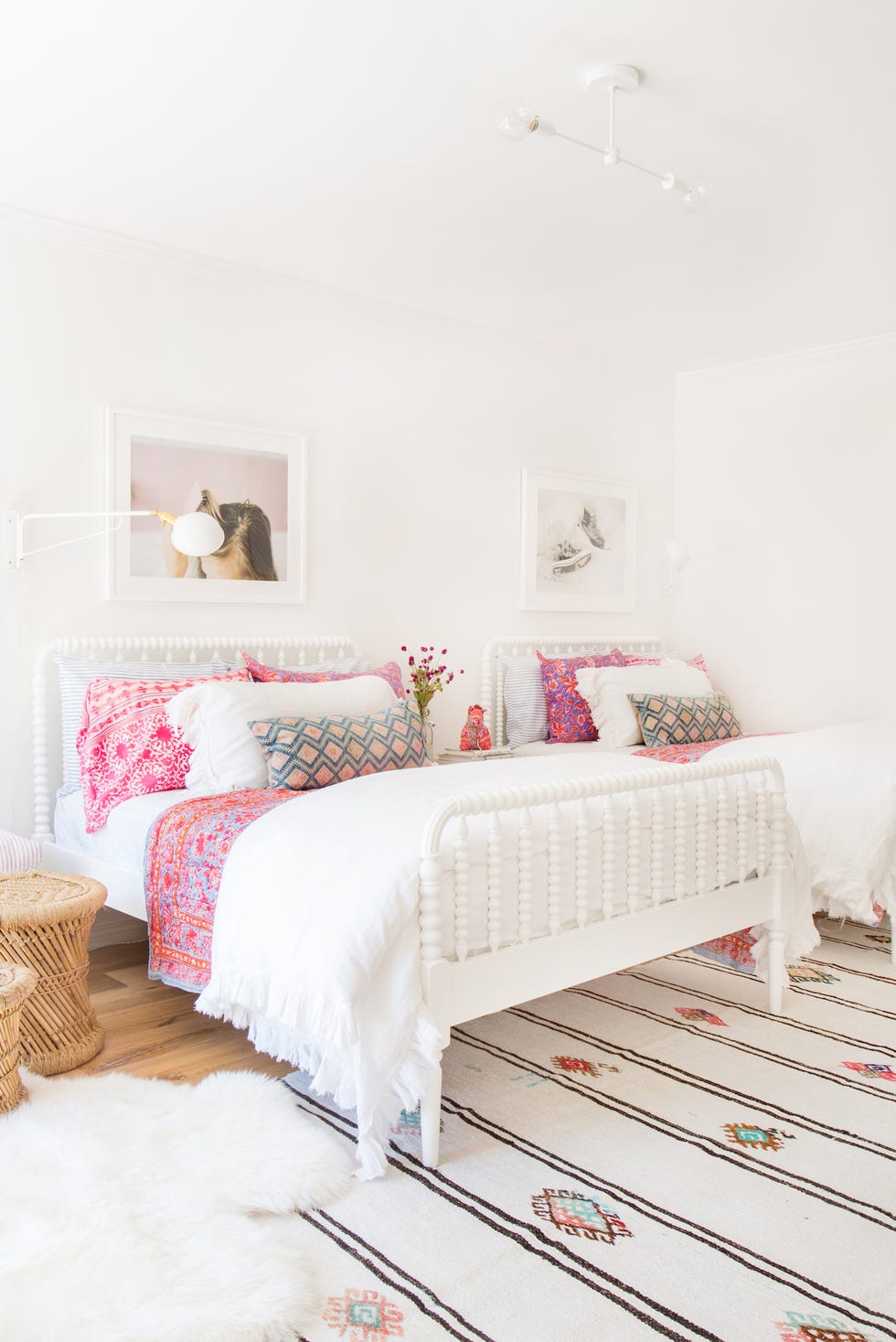 Bedroom, Bed, Furniture, Room, White, Pink, Bed frame, Interior design, Property, Bed sheet, 