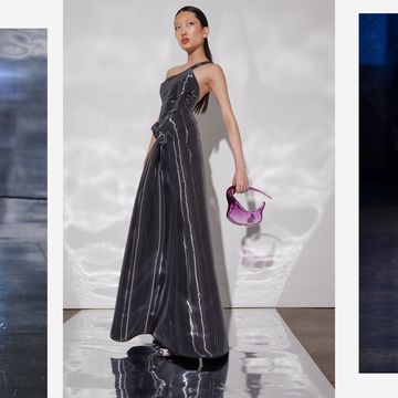 a collage of runway images from grace ling, kate barton, and wiederhoeft in a guide to new american eveningwear designers spring 2024