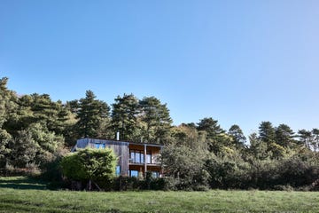 timber clad new build eco home surrounded by trees in the countryside