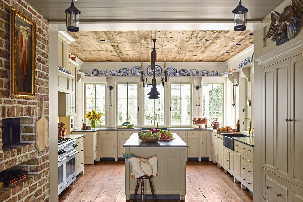rustic farmhouse kitchen with blue and white china