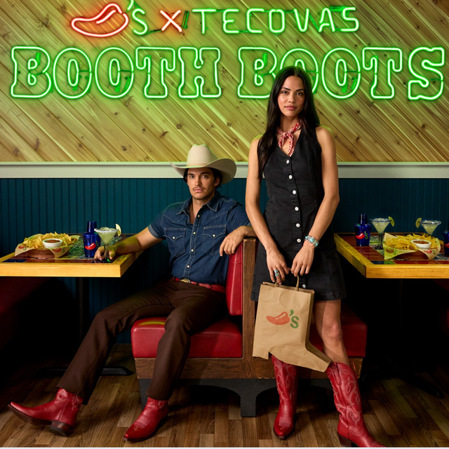 Tecovas Announces New Collaboration with Chili's two people in a chili's restaurant wearing red cowboy boots