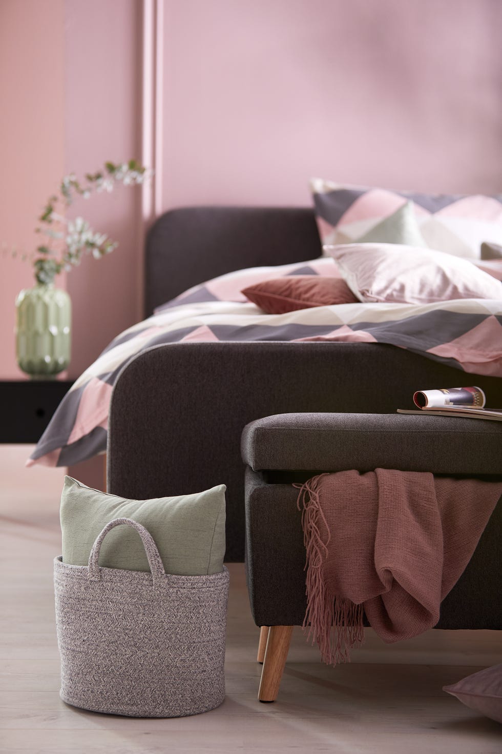 Furniture, Pink, Room, Product, Bedding, Interior design, Purple, Bed sheet, Table, Textile, 