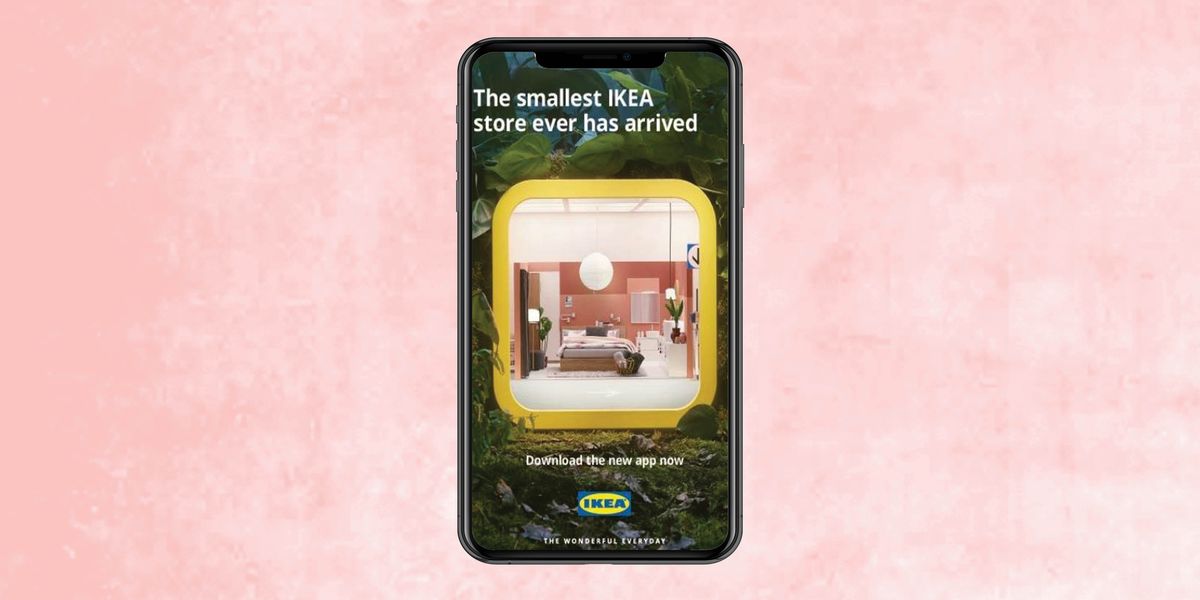 ikea app on phone with pink background