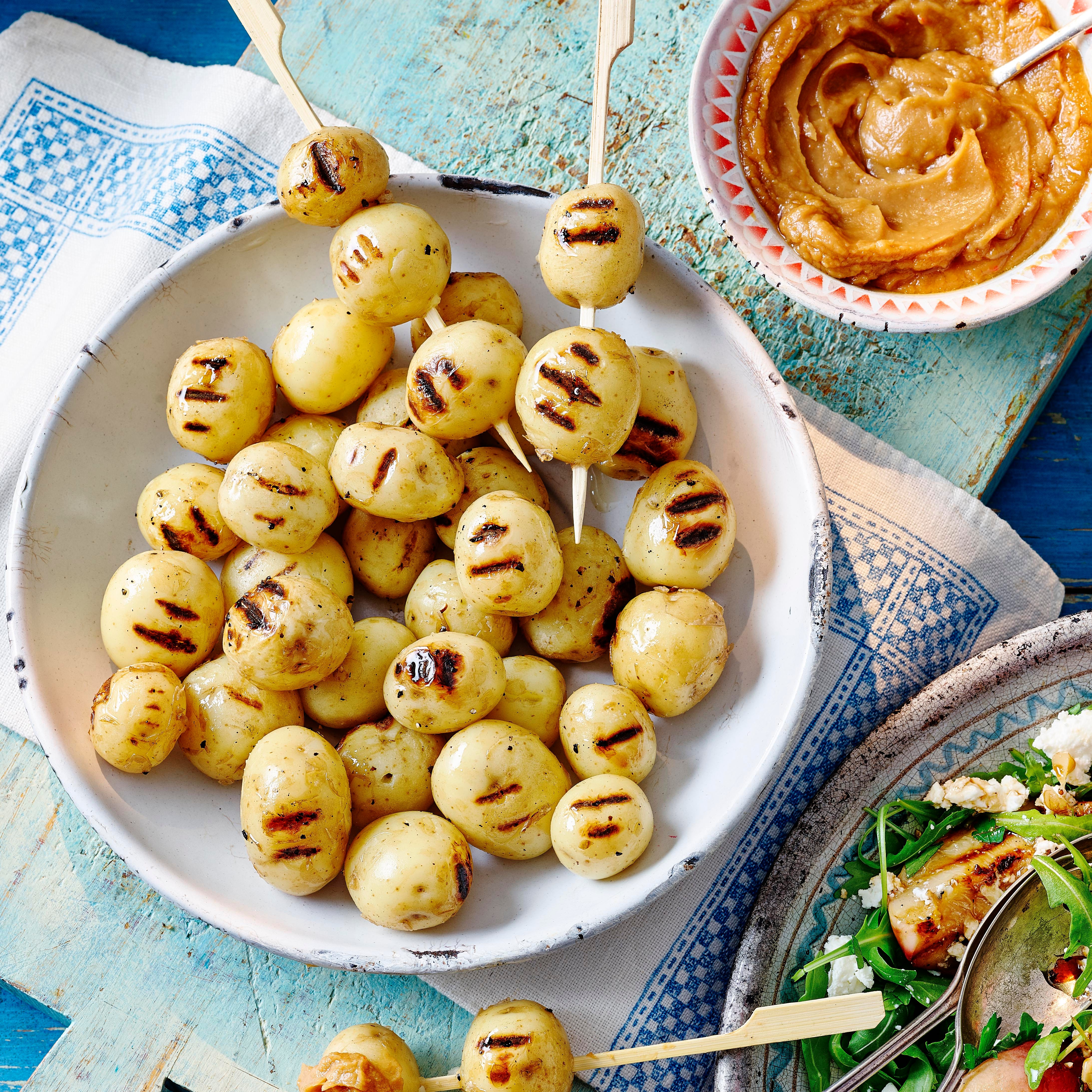 new potato skewers with satay sauce