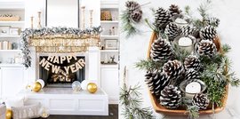 decorated fireplace and mantel for new year's eve and a snowy pine cone and greens centerpiece