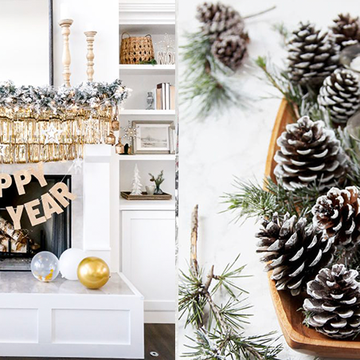 decorated fireplace and mantel for new year's eve and a snowy pine cone and greens centerpiece