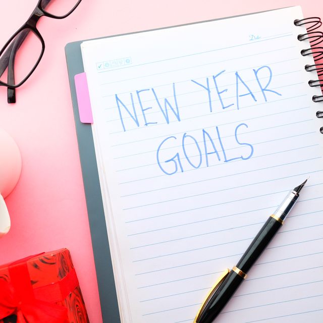 new year goal written on note pad with tea, gift box and pen on table