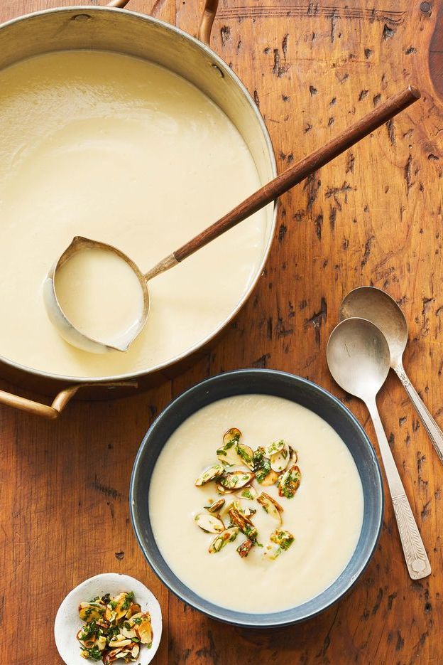 creamy cauliflower soup with almond thyme gremolata