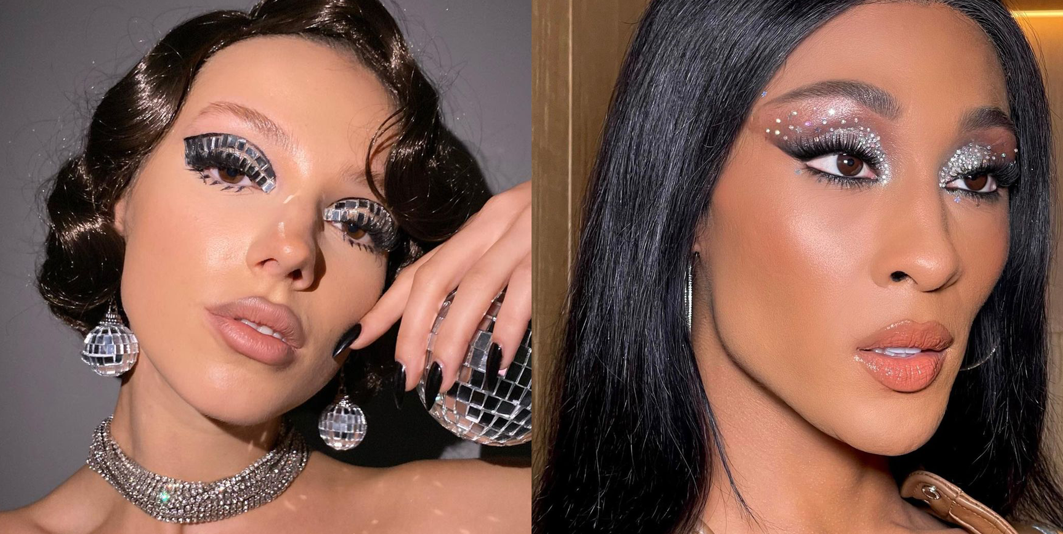 50+Makeup Looks To Make You Shine in 2023 : Nude + White Graphic Liner +  Rhinestones