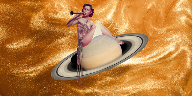 a woman in a sparkly dress blows a party horn while sitting on the planet saturn