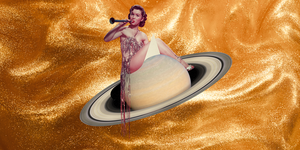 a woman in a sparkly dress blows a party horn while sitting on the planet saturn