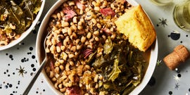 new year's style black eyed peas with pork neck bones and collard greens served with corn bread