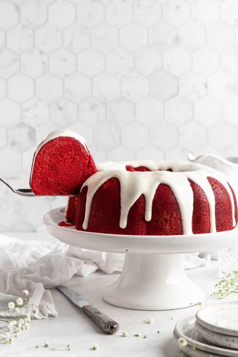 new years cakes red velvet bundt cake on white cake stand