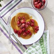 ricotta pancakes with roasted maple rhubarb and strawberries