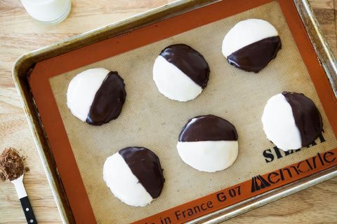 black and white cookies on sheet pan