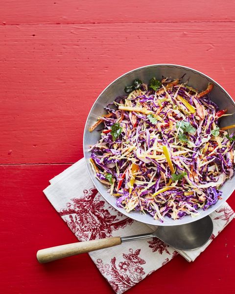 rainbow coleslaw on red background