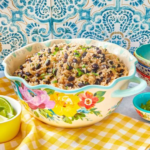 rice and beans in floral bowl