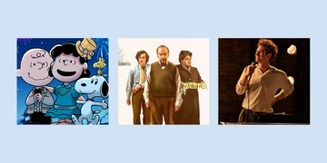 three different scenes a cartoon celebration a family portrait and a live performance