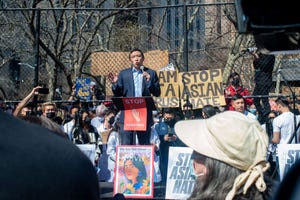 rapper mc jin speaks at aapi rally against hate in new york city