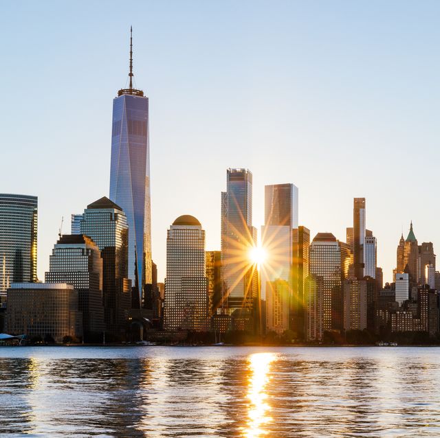 new york city skyline at sunrise, usa