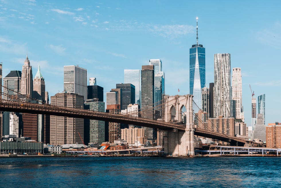 new york city skyline with brooklyn bridge and manhattan downtown, usa