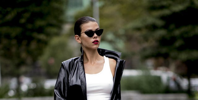 White, Clothing, Street fashion, Black, Fashion, Shoulder, Black-and-white, Blazer, Jeans, Outerwear, 