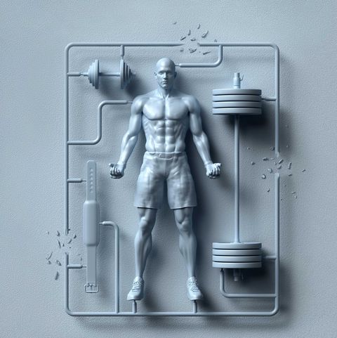 unassembled plastic model of a man body parts and exercise equipment