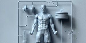 unassembled plastic model of a man body parts and exercise equipment