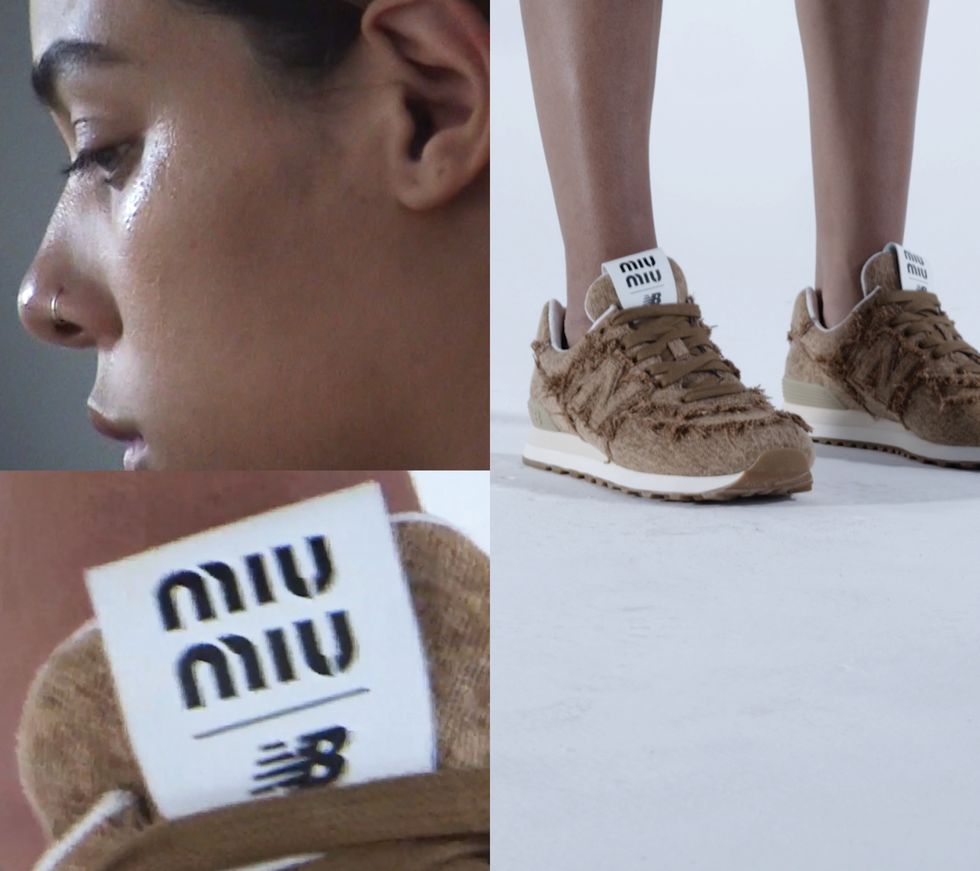a model wearing the miu miu x new balance sneakers