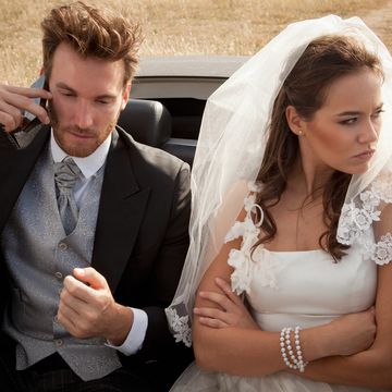 newlywed couple arguing in car